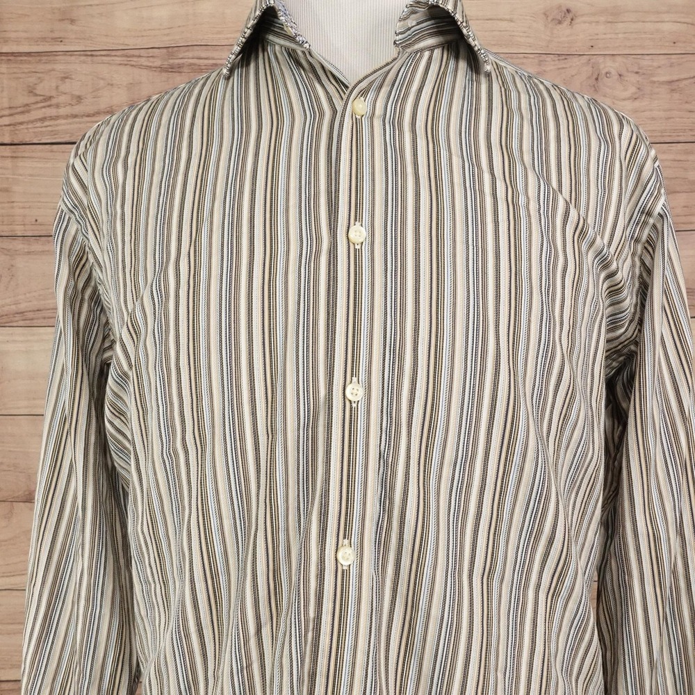Thomas Dean Shirt Mens L Beige Striped Long Sleeve Button-Up Cotton Embroidered